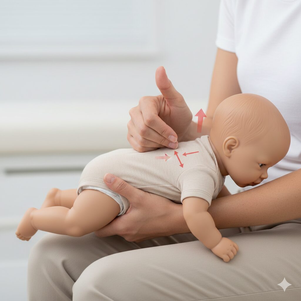 이미지 2 - 대체텍스트: 아기의 등 뒤에서 하임리히법(복부 밀어내기)을 시연하는 성인의 모습.