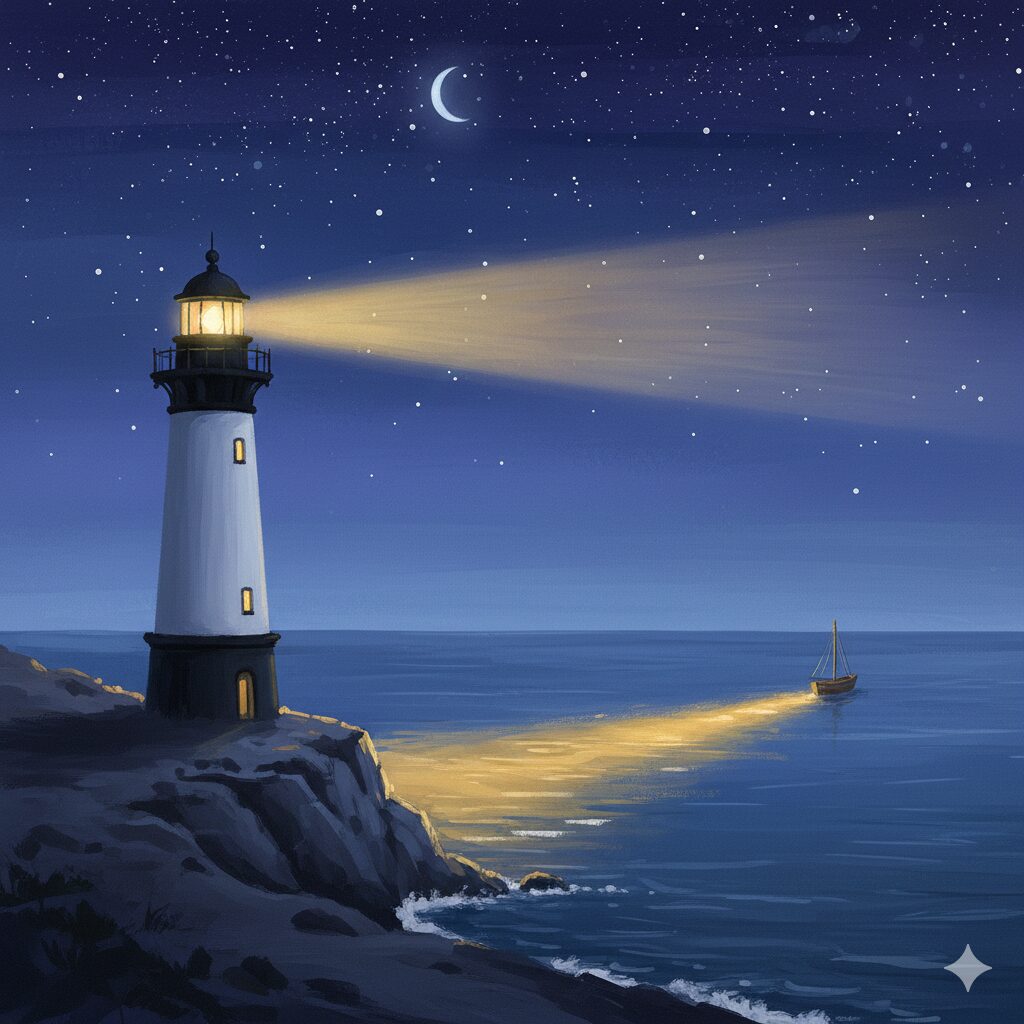 이미지 1 - 밤바다에서 밝은 빛을 내비치며 배를 안내하는 따뜻한 분위기의 등대 모습