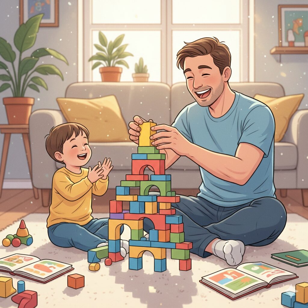 이미지 2 - 아빠가 거실 바닥에 앉아 아이와 함께 블록을 쌓거나 그림책을 읽으며 즐겁게 놀고 있는 모습. 따뜻하고 포근한 분위기