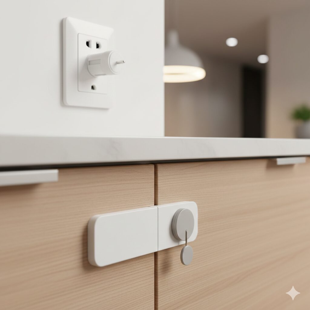 이미지 4 - 대체텍스트: 집안의 콘센트에 안전 덮개가 씌워져 있고, 서랍장에 잠금장치가 부착된 모습의 클로즈업 사진.