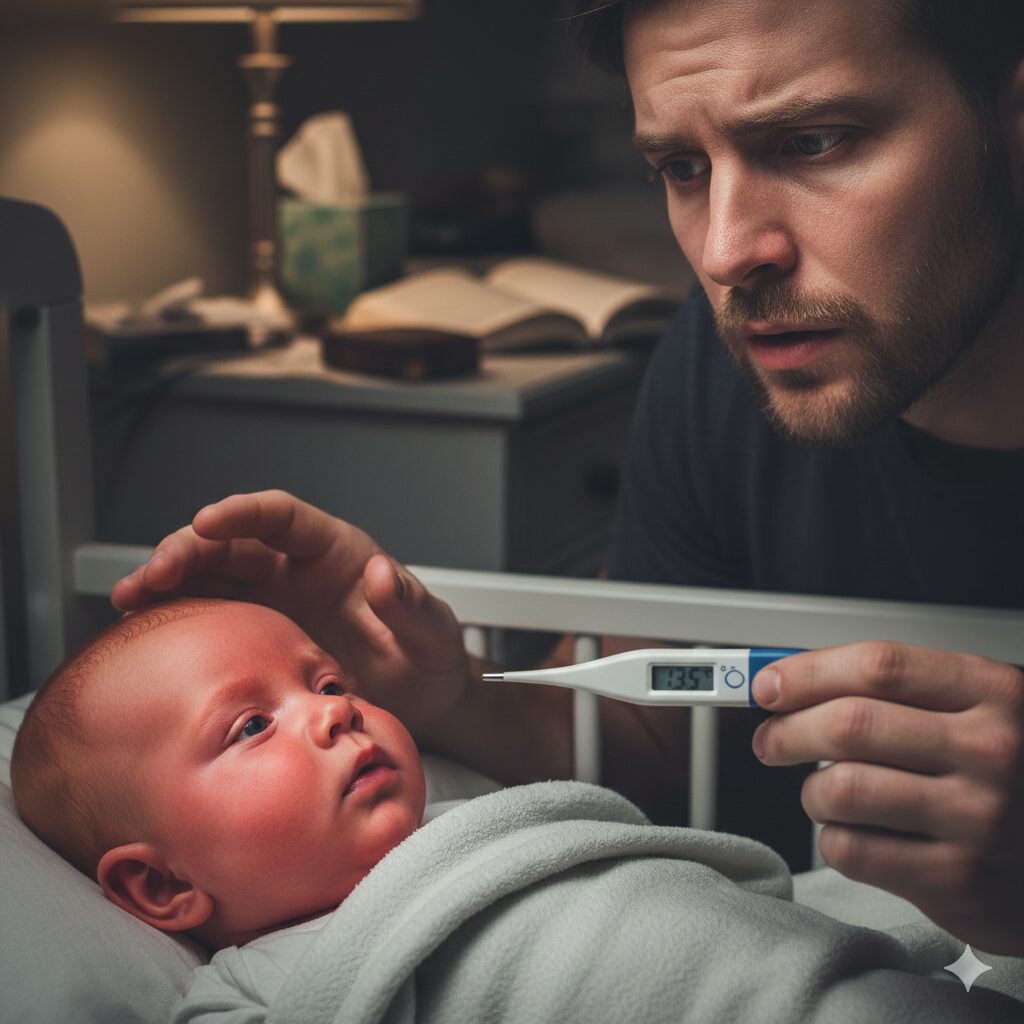 이미지 1 - 갑자기 열이 나는 아이를 걱정스럽게 바라보는 부모 (손에 체온계를 들고 있음)