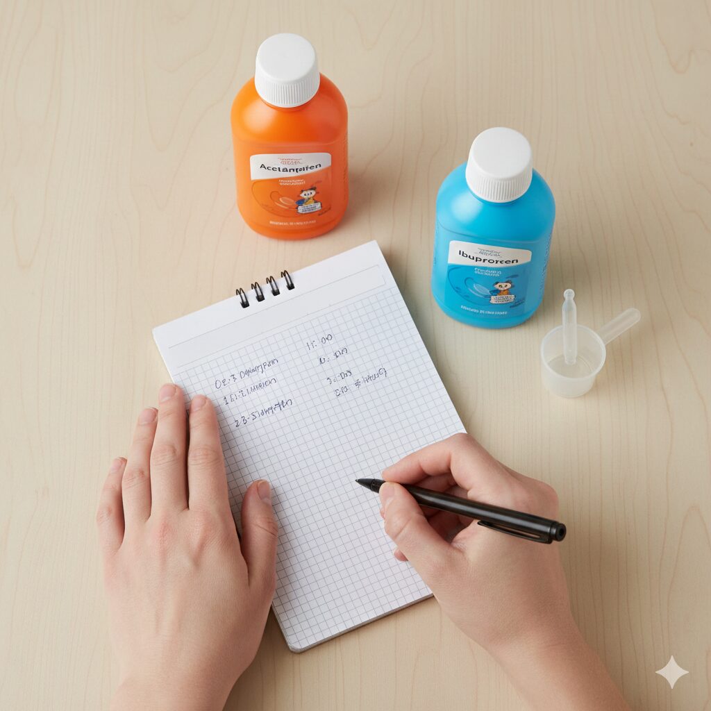 이미지 2 - 해열제 두 종류(아세트아미노펜, 이부프로펜)를 테이블 위에 놓고 복용 기록을 메모하는 부모의 손