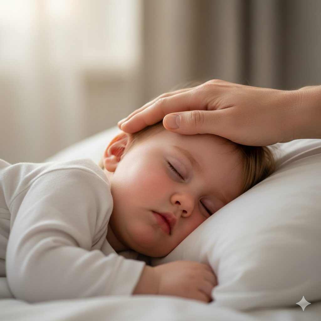 이미지 3 - 손으로 아이의 이마를 짚어 열을 확인하는 부모의 모습