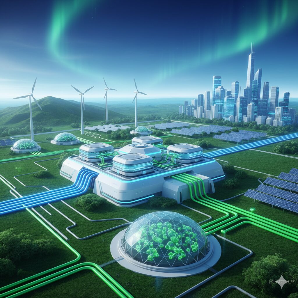 이미지 4 - 대체텍스트: SMR에서 생산된 전기가 수소 생산 시설, 지역 난방 등 다양한 분야에 활용되는 모습