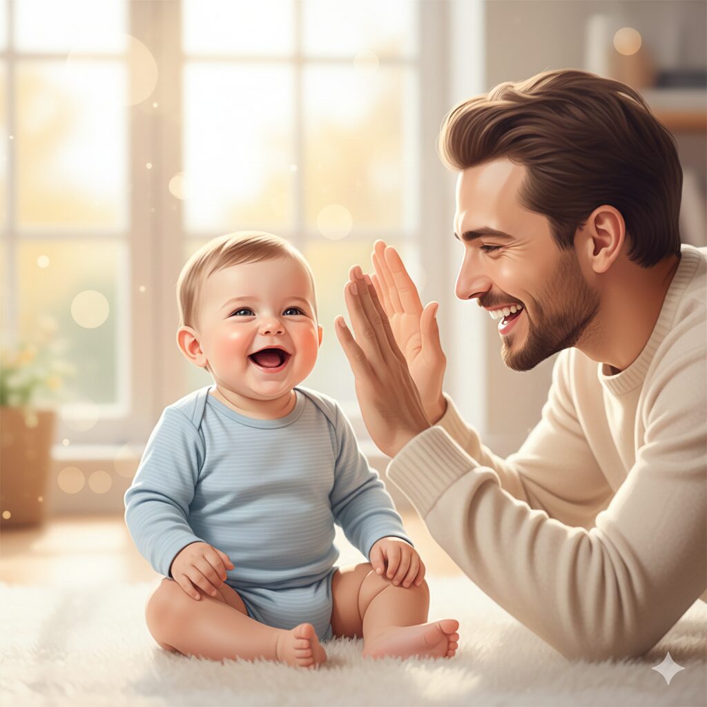 이미지 2 - 부모가 두 손으로 얼굴을 가렸다가 '까꿍' 하면서 웃는 얼굴을 보여주자 아기가 환하게 웃고 있는 모습