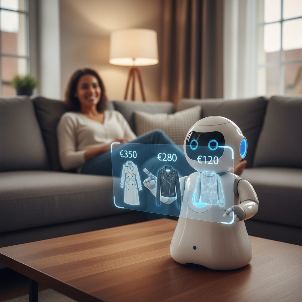 이미지 2 - '다양한 쇼핑 옵션을 분석하고 사용자에게 최적의 선택안을 제시하는 귀여운 로봇 비서 캐릭터'