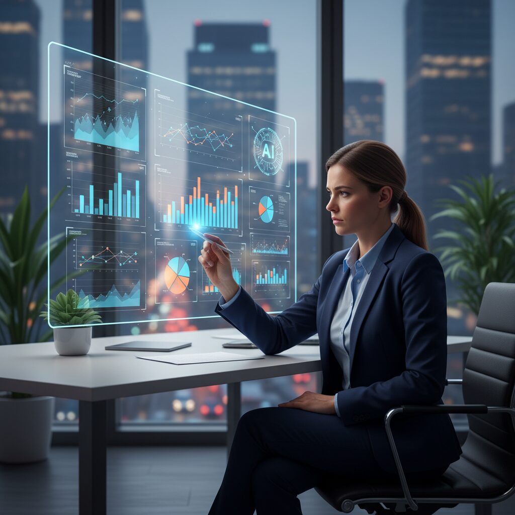 이미지 3 - 'AI가 작성한 보고서를 꼼꼼하게 검토하며 흐뭇해하는 직장인의 모습'