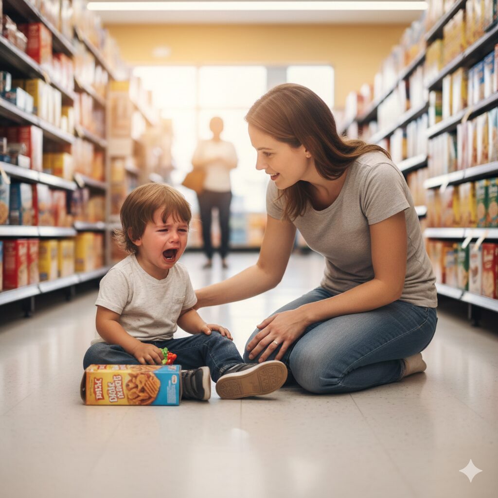 아이가 바닥에 앉아 떼쓰는 모습을 따뜻하게 바라보며 공감해 주는 부모의 모습 (마트 배경)