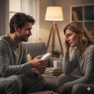 수면 퇴행 기간 동안 지친 부부가 서로 아기 모니터를 건네주며 위로와 격려의 미소를 짓는 모습. 교대 육아와 상호 지지를 상징. 